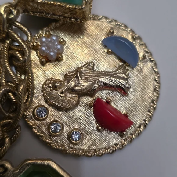 Vintage Gold-Tone Charm Bracelet with Green and Multicolor Gem Accents - Picture 10 of 14